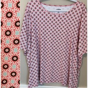 Lands End Size 3X 24W-26W UPF 50+ Rash Guard Top Short Sleeve Coral Aqua Geo